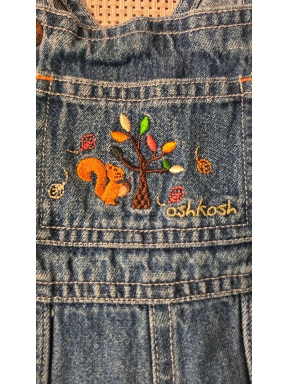 VINTAGE BABY OSH KOSH DENIM OVERALLS SQUIRREL TREE  3-6 MOS 12 16 LBS OSHKOSH